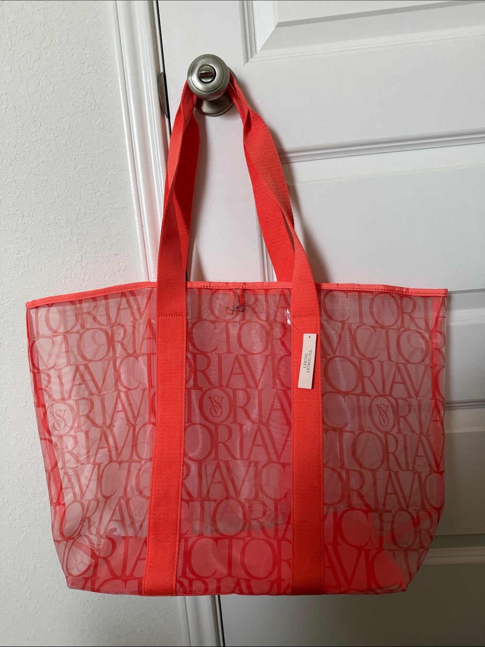 NWT Victoria's Secret Coral-Red Logo Mesh Tote